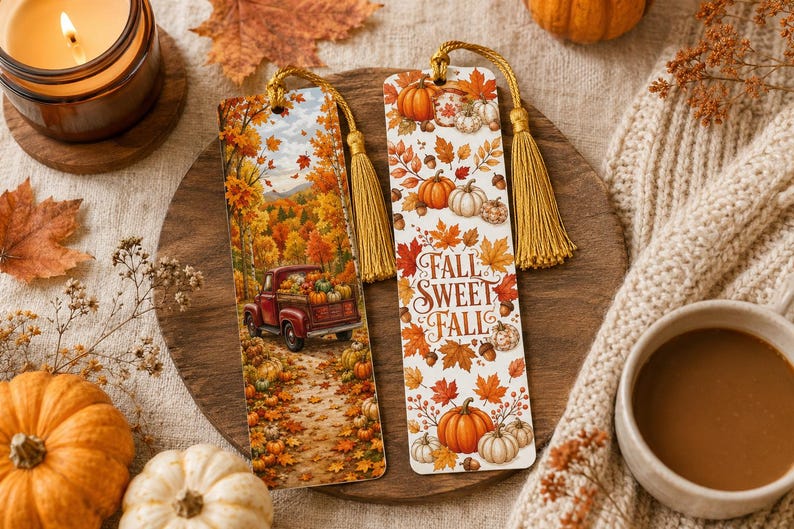 May include: Two rectangular bookmarks with gold tassels. One features a red truck carrying pumpkins through an autumn forest. The other displays orange and red maple leaves, pumpkins, acorns, and the text FALL SWEET FALL in brown script lettering.