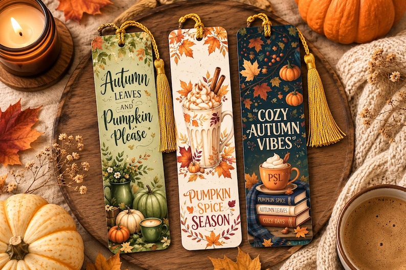 May include: Three rectangular bookmarks with yellow tassels. The first features green pumpkins and the text Autumn Leaves and Pumpkin Please. The second shows a whipped cream drink and Pumpkin Spice Season. The third displays books and Cozy Autumn Vibes.