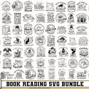 Könnte beinhalten: Eine Sammlung von 70 schwarz-weißen SVG-Designs zum Thema Lesen. Die Designs umfassen Illustrationen von Katzen, Drachen, Büchern, Kaffee und Sätzen wie "Bücherliebhaber" und "Nur noch ein Kapitel."