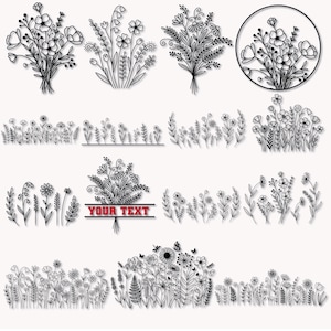 May include: Black and white line art illustrations of various floral arrangements and borders. The designs include bouquets, floral borders, and a circular floral design. One design includes the text "YOUR TEXT".