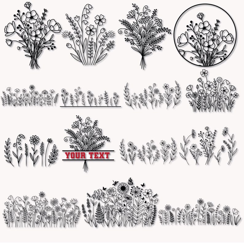 May include: Black and white line art illustrations of various floral arrangements and borders. The designs include bouquets, floral borders, and a circular floral design. One design includes the text "YOUR TEXT".