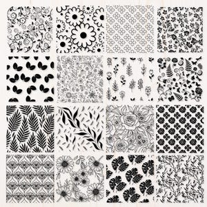 May include: A collection of black and white floral and botanical patterns. The designs include daisies, roses, ferns, leaves, and other stylized plant elements. The patterns are suitable for various craft and design projects.