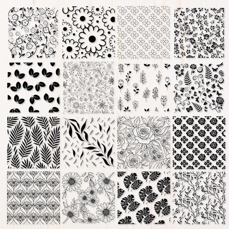 May include: A collection of black and white floral and botanical patterns. The designs include daisies, roses, ferns, leaves, and other stylized plant elements. The patterns are suitable for various craft and design projects.