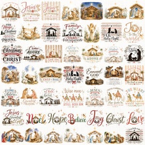 Könnte beinhalten: Eine Sammlung verschiedener weihnachtlicher Grafikdesigns mit Krippenszenen, Darstellungen von Ställen und religiösen Texten wie Jesus is the Reason, Joy to the World und Holy Night, gestaltet in einer Mischung aus Aquarell und Schreibschrift.