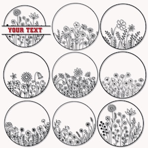 May include: Nine circular designs featuring black line art of various flowers and foliage. One circle includes the text "YOUR TEXT" in red. The designs are set against a white background, creating a clean and elegant aesthetic.