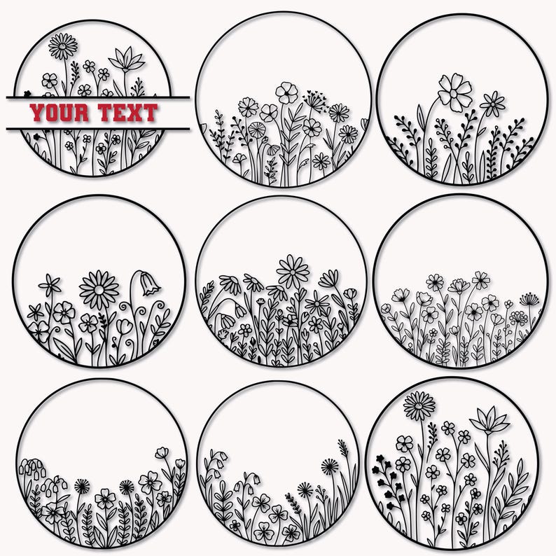 May include: Nine circular designs featuring black line art of various flowers and foliage. One circle includes the text "YOUR TEXT" in red. The designs are set against a white background, creating a clean and elegant aesthetic.