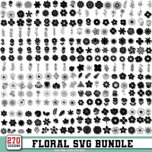 Può includere: Una collezione di 270 disegni floreali neri in vari stili, tra cui rose, margherite e forme astratte. I disegni sono presentati in una griglia, con il testo "FLORAL SVG BUNDLE" in basso.