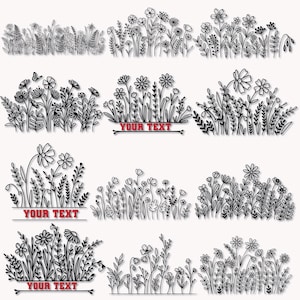 May include: Black and white line art illustrations of various floral arrangements, including daisies and other wildflowers. Some designs include a banner with the text "YOUR TEXT". The images are set against a white background.