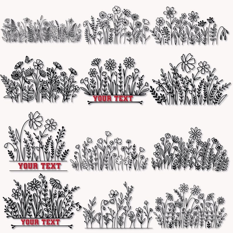May include: Black and white line art illustrations of various floral arrangements, including daisies and other wildflowers. Some designs include a banner with the text "YOUR TEXT". The images are set against a white background.