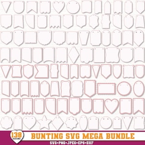 Op de afbeelding: Een verzameling van 138 witte vlaggetjes en labelvormen met roze omlijningen, voorzien van diverse geometrische, geschulpte en hartvormige ontwerpen. De tekst onderaan luidt 138 DESIGNS BUNTING SVG MEGA BUNDLE SVG+PNG+JPEG+EPS+DXF.