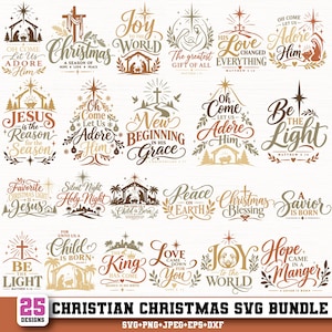 May include: A collection of 25 Christian Christmas digital designs in brown and gold tones. Each graphic features religious text such as Oh Come Let Us Adore Him, Joy to the World, and A Savior is Born, alongside illustrations of nativity scenes and crosses.
