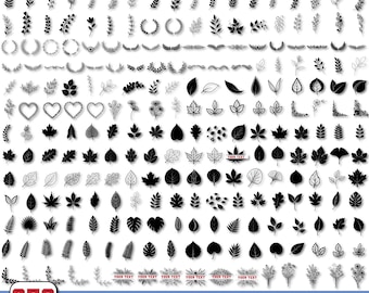 Puede incluir: Una colección de 250 diseños de hojas en blanco y negro. La imagen incluye varias formas de hojas, coronas y elementos florales. El texto en la parte inferior dice "LEAVES SVG BUNDLE" y "SVG+PNG+JPEG+EPS+DXF".