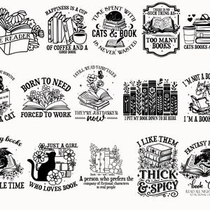 May include: A collection of black and white illustrations featuring books, cats, dragons, and floral elements. Text includes phrases like "The Reader," "Cats & Book," and "Fantasy Readers," perfect for book lovers.