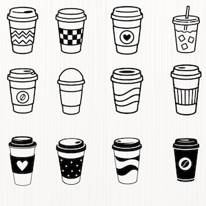 Op de afbeelding: Een verzameling van twaalf zwart-witte lijntekeningen van diverse koffiebekers en bekers. De ontwerpen bevatten patronen zoals chevrons, ruiten, stippen en golven, evenals iconen met harten, koffiebonen en ijsblokjes.