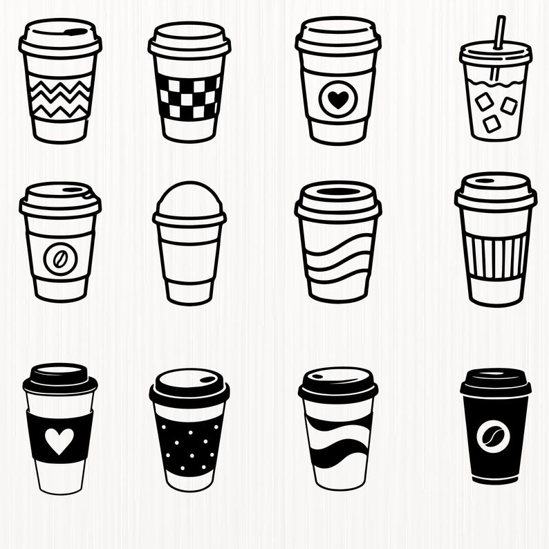 Op de afbeelding: Een verzameling van twaalf zwart-witte lijntekeningen van diverse koffiebekers en bekers. De ontwerpen bevatten patronen zoals chevrons, ruiten, stippen en golven, evenals iconen met harten, koffiebonen en ijsblokjes.