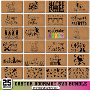 以下が含まれることがあります： 様々なデザインの、イースターをテーマにした25枚の玄関マットのコレクション。各マットには、ウサギ、卵、春の挨拶など、休日にちなんだテキストとグラフィックが描かれています。マットは長方形で、天然素材で作られています。