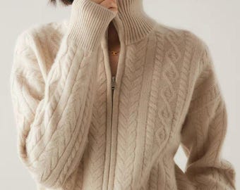 Pure Cashmere Zip Cardigan: Women's Soft Cable Knit Sweater with High Collar