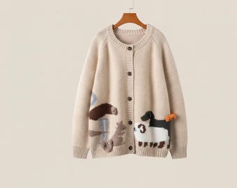 Cardigan in lana beige con motivo animalier – Maglione lavorato a maglia con bottoni per uno stile quotidiano giocoso
