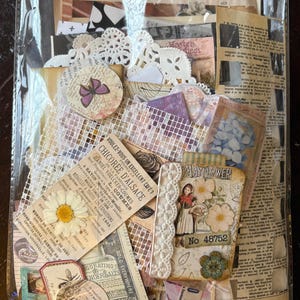 K&ouml;nnte beinhalten: Eine Sammlung verschiedener Papier-Ephemera, darunter Etiketten im Vintage-Stil, W&ouml;rterbuchseiten, eine wei&szlig;e Papierspitze, ein Schmetterlingsausschnitt, ein gepresstes G&auml;nsebl&uuml;mchen und ein Anh&auml;nger mit dem Text Mayflower No 48752, in einer Klarsichth&uuml;lle.