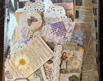 May include: A collection of assorted paper ephemera, including vintage-style labels, dictionary pages, a white paper doily, a butterfly cutout, a pressed daisy, and a tag featuring the text Mayflower No 48752, all enclosed in a clear plastic bag.