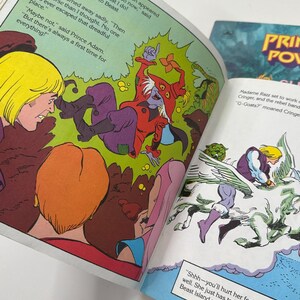 May include: Comic book pages with colorful illustrations. One page shows a scene with characters in red, purple, and green. Text bubbles contain dialogue. Another page features a winged character and text. The comic book is titled "PRIN POV".