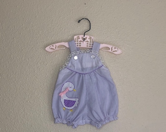 1980s Purple Pin Stripe Goose Romper