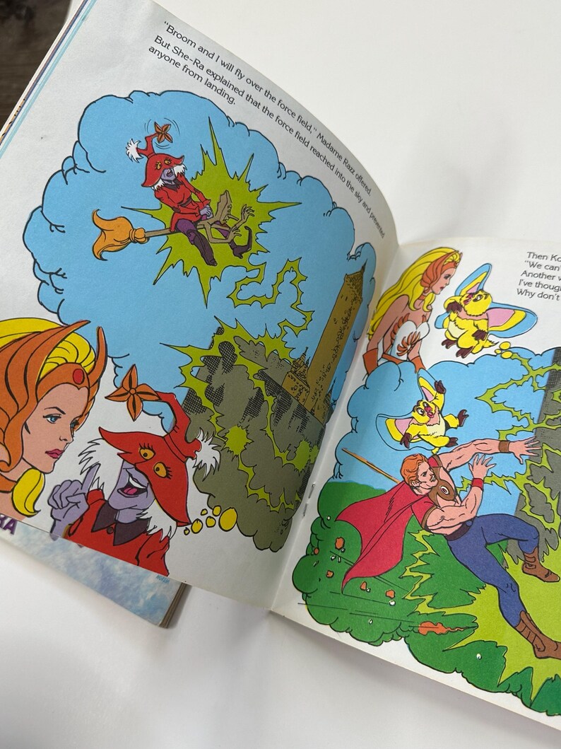 May include: A vintage comic book illustration featuring characters in a fantasy setting. The artwork depicts a witch on a broom, a superhero, and other figures in action. The color palette includes blues, reds, and yellows, with text bubbles and text on the page.