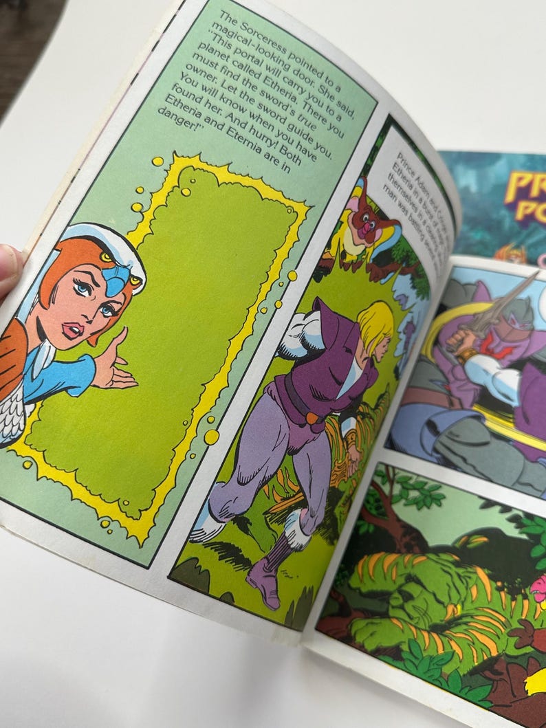 May include: Comic book page featuring colorful illustrations. The Sorceress points to a magical door, with text that reads "This portal will carry you to a planet called Etheria." Other panels show a running figure and a sword-wielding character.