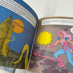 May include: A comic book illustration featuring a scene with a character in pink and blue attire, holding a pink staff. The background shows a castle, a yellow sun, and text from the story.