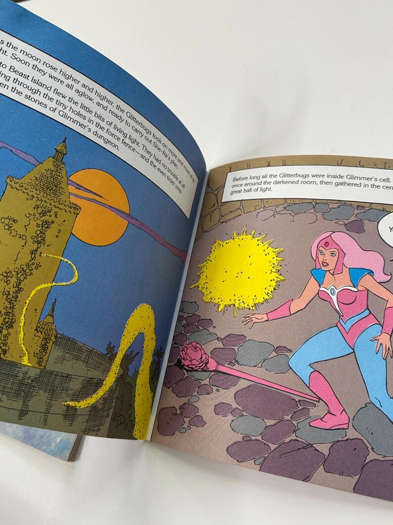 May include: A comic book illustration featuring a scene with a character in pink and blue attire, holding a pink staff. The background shows a castle, a yellow sun, and text from the story.