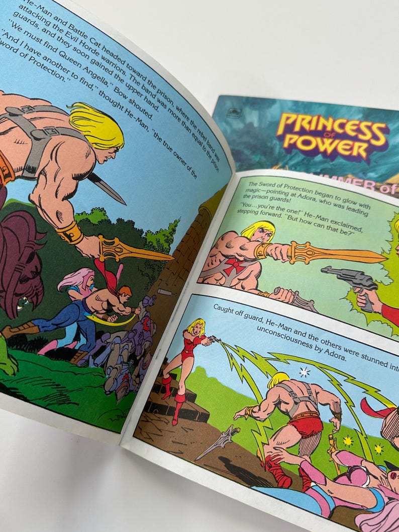 May include: Open comic book pages featuring illustrations of He-Man and other characters in action. The text includes phrases like "Princess Power" and "Sword of Protection". The artwork is colorful and in a classic comic book style.