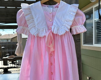 1980s Pink Gingham & Eyelet Dress