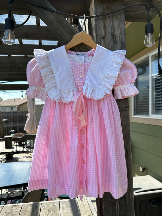 1980s Pink Gingham & Eyelet Dress