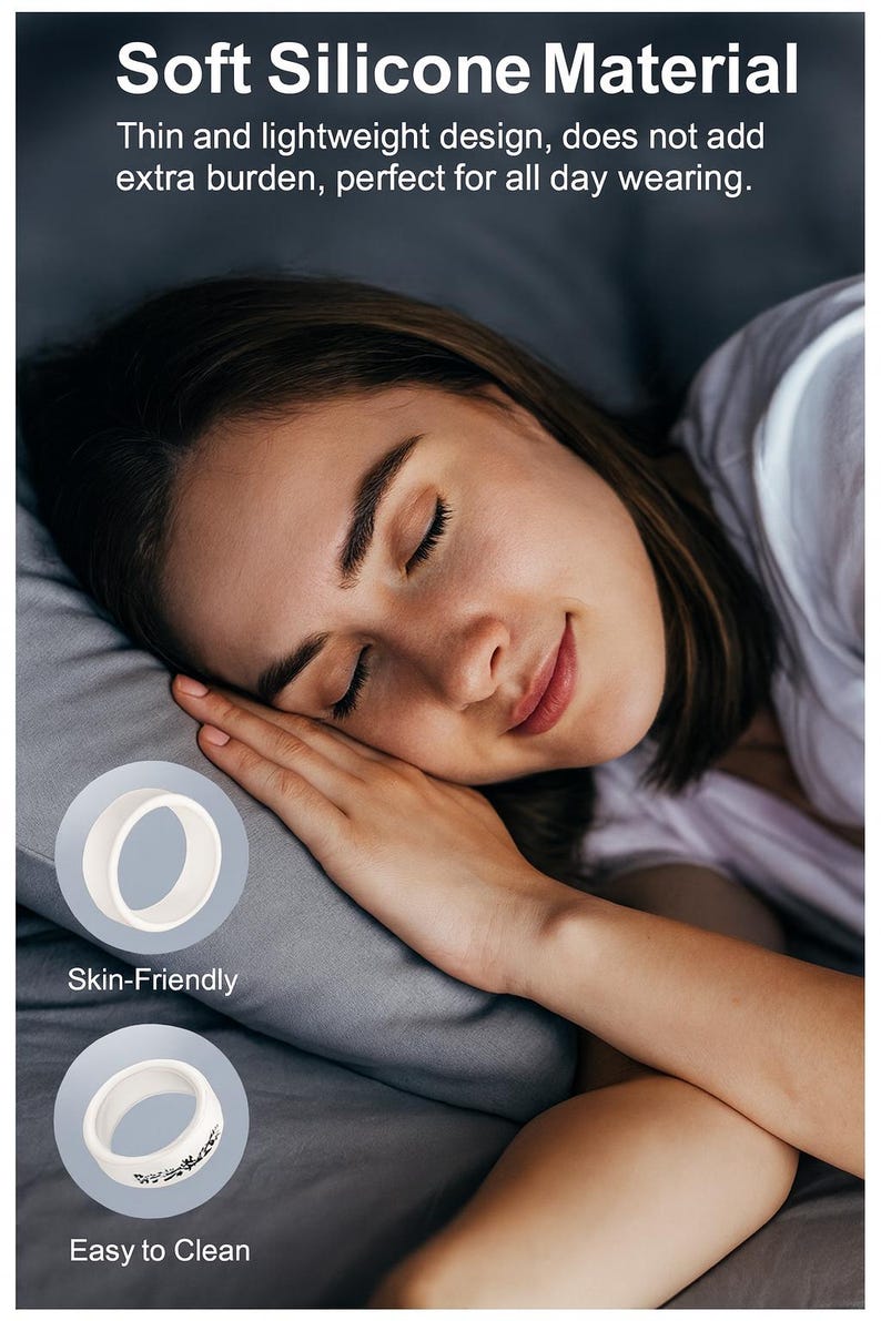 K&ouml;nnte beinhalten: Das Bild zeigt eine Person, die auf einem grauen Kissen ruht. Der Text oben lautet "Soft Silicone Material". Zwei wei&szlig;e Silikonringe werden mit dem Text "Skin-Friendly" und "Easy to Clean" angezeigt. Das Thema ist Komfort und Benutzerfreundlichkeit.