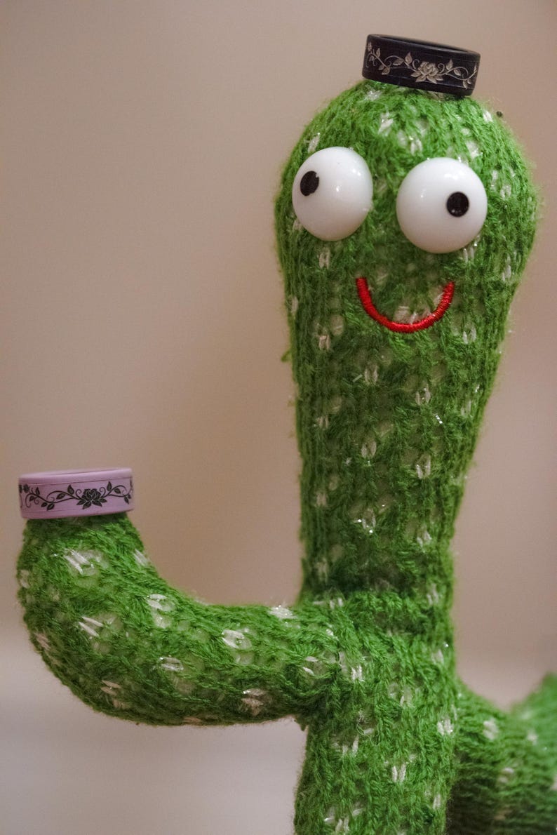 K&ouml;nnte beinhalten: Ein skurriles gr&uuml;nes Kaktus-Pl&uuml;schtier mit gro&szlig;en wei&szlig;en Augen und einem rot gestickten L&auml;cheln. Es tr&auml;gt einen kleinen schwarzen Hut mit floralen Details und h&auml;lt einen kleinen Beh&auml;lter mit einem floralen Design.