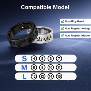 K&ouml;nnte beinhalten: Zwei Smart Rings, einer schwarz mit floralem Design und einer silberfarben mit floralem Design, werden gezeigt. Das Bild enth&auml;lt Text, der die Kompatibilit&auml;t mit den Modellen Oura Ring Gen 4, Gen 3 Heritage und Gen 3 Horizon sowie Ringgr&ouml;&szlig;enoptionen anzeigt.
