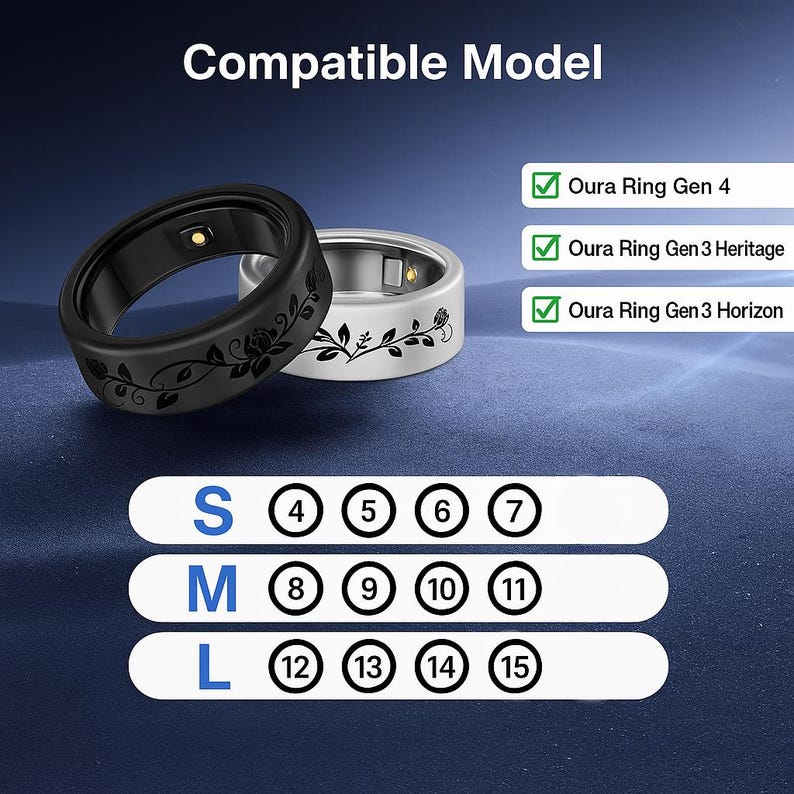 K&ouml;nnte beinhalten: Zwei Smart Rings, einer schwarz mit floralem Design und einer silberfarben mit floralem Design, werden gezeigt. Das Bild enth&auml;lt Text, der die Kompatibilit&auml;t mit den Modellen Oura Ring Gen 4, Gen 3 Heritage und Gen 3 Horizon sowie Ringgr&ouml;&szlig;enoptionen anzeigt.
