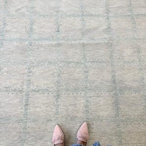 Hand Knotted Wool Rug Sage Green Blue Grid Pattern Modern Oushak Area Rug for Dining Room Living Room Muted Neutral Plaid Rug Custom Size