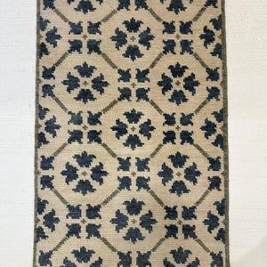 Blue and Beige Wool Rug, Hand Knotted Oushak Style Area Rug, Floral Trellis Pattern, Custom Large Living Room Rug, Modern Traditional Décor