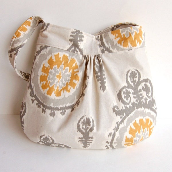 Gathered Hobo Purse - Mustard and Gray Ikat