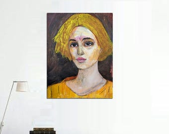 May include: A painting of a woman with short, bright yellow hair. She is wearing a yellow shirt and has a neutral expression on her face.