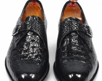 Handgefertigte Herren Schwarz Krokodil Alligator Leder Single Monk Strap Luxus Slip-On Dress Schuhe