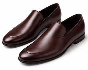 Handmade Men's Brown Leather Slip On Loafers Dress Shoes Elegant Formal Shoes