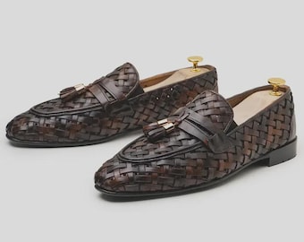 Handmade Brown Woven Leather Loafers | Men's Italian Style Dress Shoes | Luxury Slip-On Formal Shoes