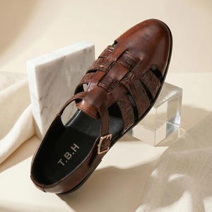 Handmade Mens Italian Leather Fisherman Sandals, Genuine Leather, Bespoke Footwear image 4
