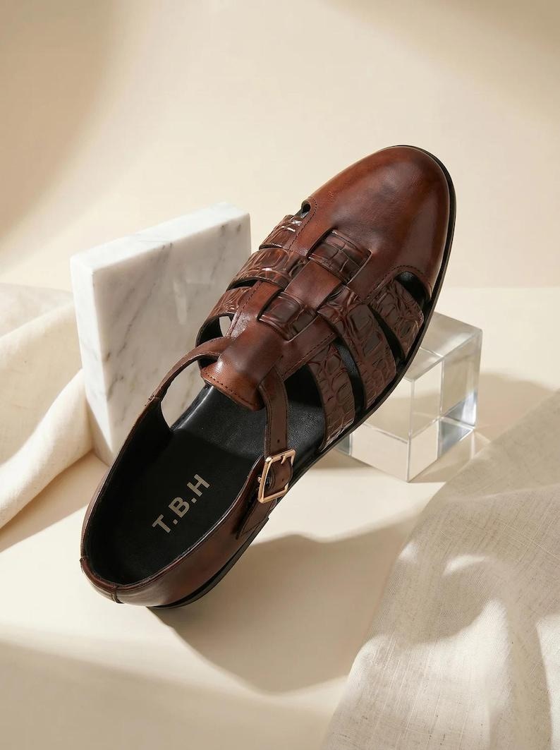 Handmade Mens Italian Leather Fisherman Sandals, Genuine Leather, Bespoke Footwear image 4