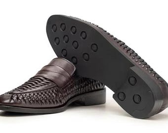 Mens Handmade Brown Woven Leather breathable loafers – formal wedding shoes