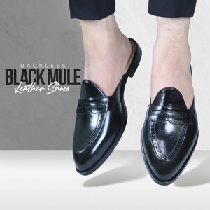 May include: Black leather mule shoes with a glossy finish. The shoes have a classic loafer design with decorative stitching and a backless style. The text "BACKLESS BLACK MULE Leather Shoes" is visible.