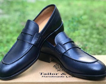 手作りメンズレザーシューズ スリッポン ペニーローファー カジュアルウェア ネイビーブルー