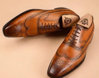 Handmade lace-up Brown genuine Leather Brogue Shoes: Men's Formal business Dress Shoes